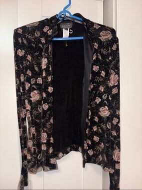 Xscape Black Velvet Open-Front Cardigan with Pink Rose Print